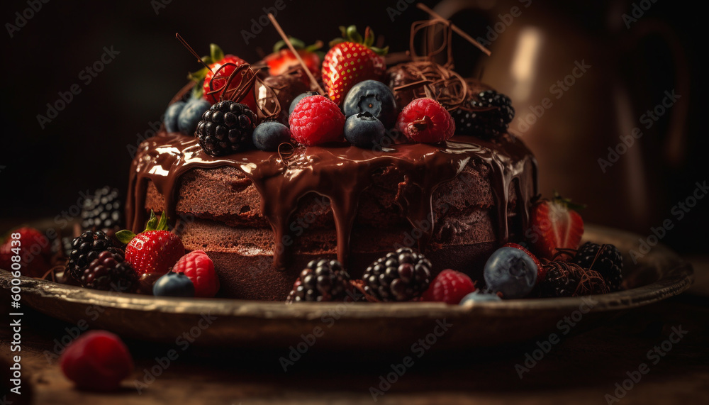 A gourmet chocolate cake with fresh berry fruit indulgence generated by AI