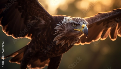 Majestic bald eagle spreads wings in tranquil sunset on branch generated by AI