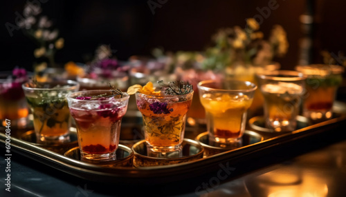 Refreshing cocktails adorn the luxurious bar counter at the nightclub generated by AI