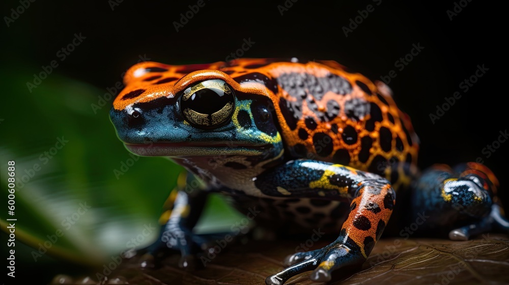 Fototapeta premium Colorful jungle tree frog. Amphibian wildlife in the rainforest. Speckled poison toad closeup. 