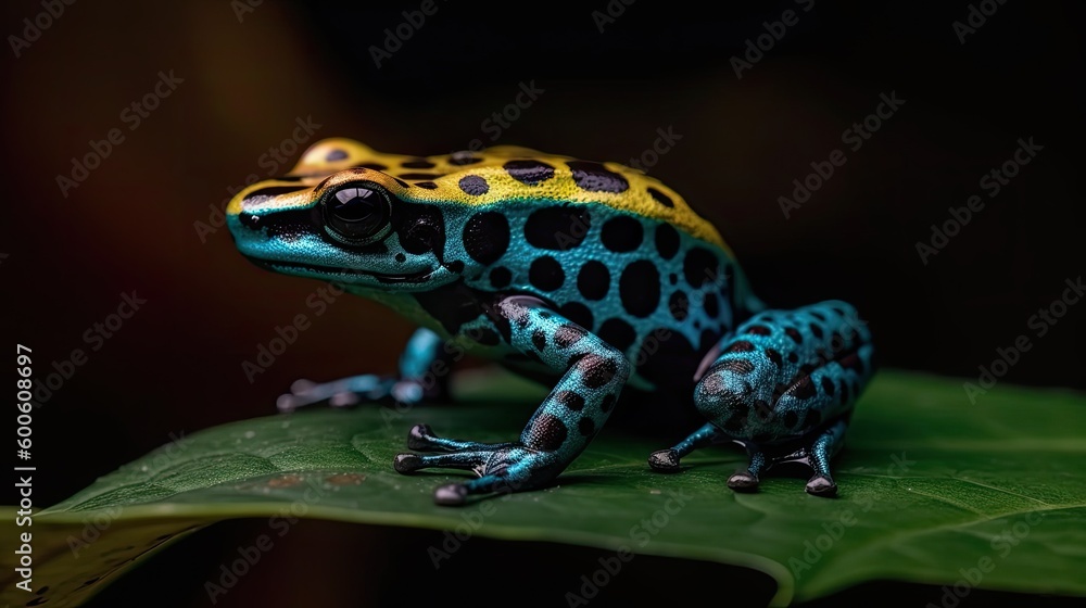 Fototapeta premium Colorful jungle tree frog. Amphibian wildlife in the rainforest. Speckled poison toad closeup.