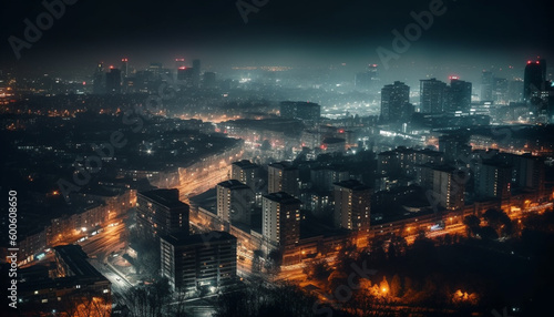 The illuminated city skyline glows at dusk  a modern marvel generated by AI
