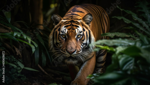 The majestic Bengal tiger stares, its aggression palpable generated by AI © djvstock
