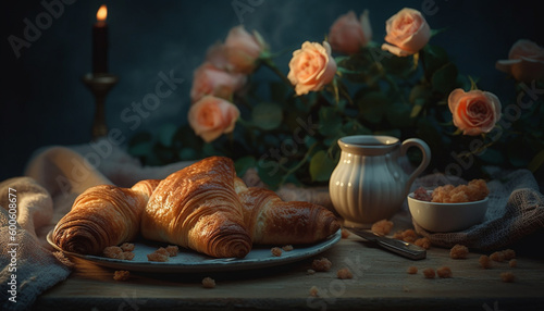 A rustic croissant meal on a wooden table, gourmet freshness generated by AI
