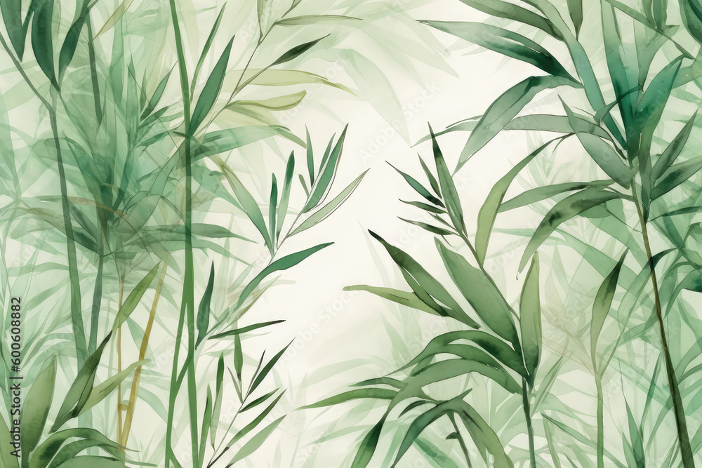 Tropical bamboo palm leaf Wallpaper, Luxury nature leaves pattern design, Hand drawn watercolor design for fabric, print, cover, banner and invitation, generative AI