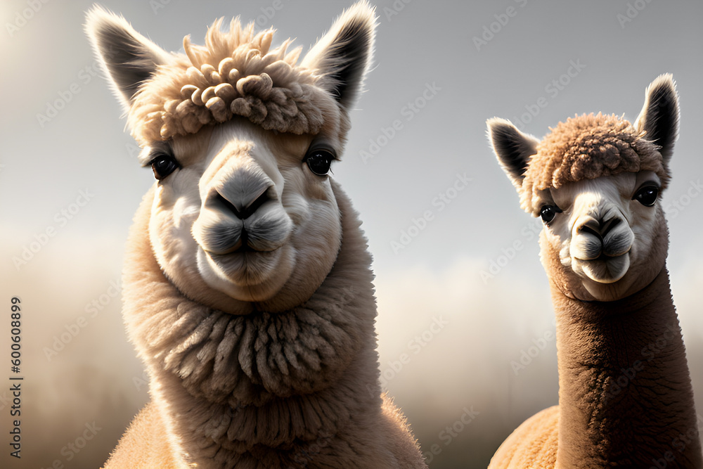 Very beautiful alpacas in the fog and with beautiful lighting. Generative AI