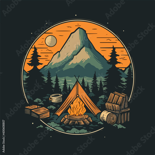 Mountain camp hiking evergreen pine forest and river scene vintage badge logo vector illustration