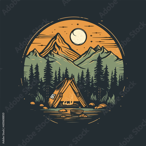 Mountain camp hiking evergreen pine forest and river scene vintage badge logo vector illustration