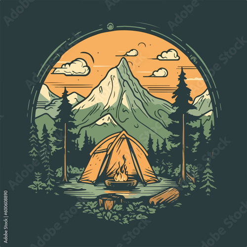 Mountain camp hiking evergreen pine forest and river scene vintage badge logo vector illustration