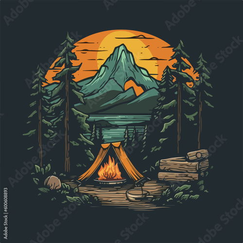 Mountain camp hiking evergreen pine forest and river scene vintage badge logo vector illustration