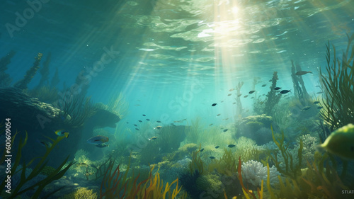 An underwater scene, with schools of fish swimming in crystal clear water, vibrant coral and seagrass in the background, and the sunlight shining through the water's surface. generative ai