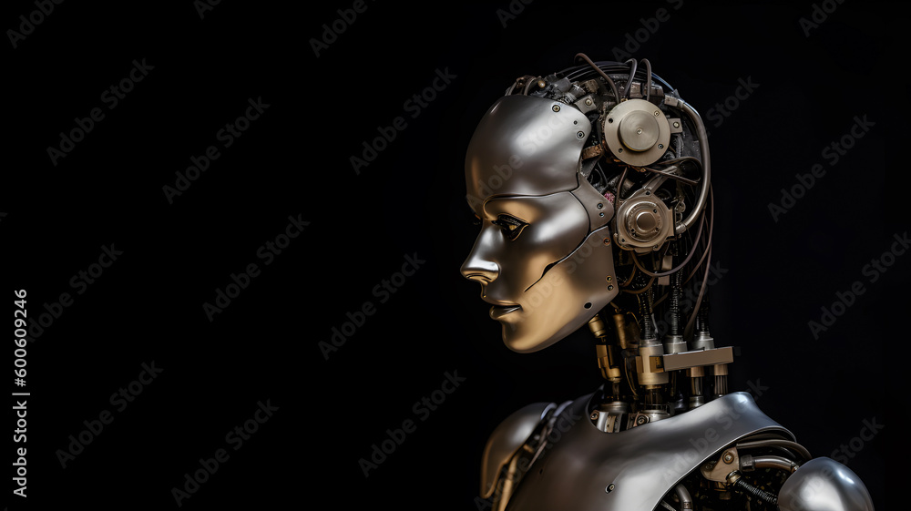 Female metalic Robot portrait, technology concept, free copy space on dark background. AI generated Female metalic Robot portrait, technology concept, free copy space on dark background. AI generated