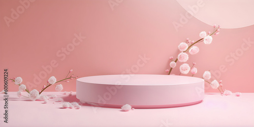 3D display podium. Pastel pink minimalistic background with pedestal stand and blooming Sakura brunch,  for product display. AI generated.