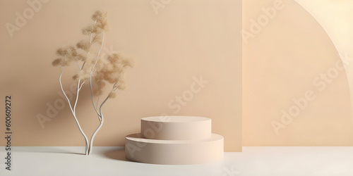 3D display podium. Pastel beige minimalistic background with pedestal stand and blooming Sakura brunch,  for product display. AI generated