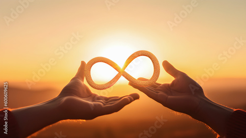 Hands with golden infinity symbol at sunset background, AI generated