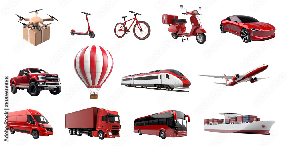 3d illustration All Transport Set ideas concept design, Public Transportation, Logistics, Delivery, Shipping, Railway, Airways, isolated on white transparent background, ai generate - obrazy, fototapety, plakaty 