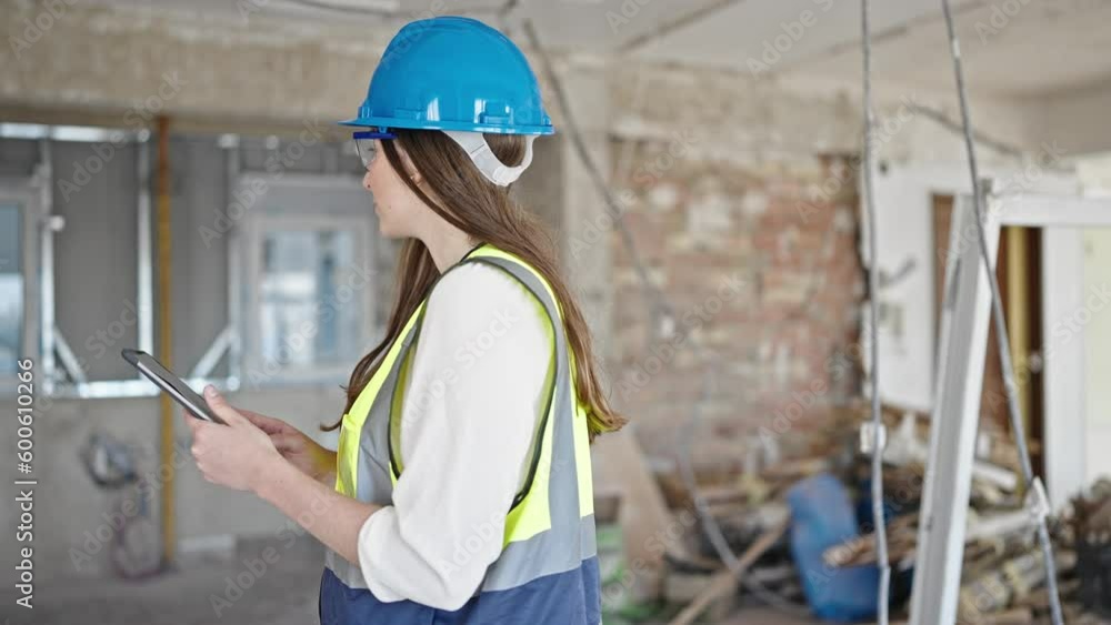 Young beautiful hispanic woman builder using touchpad at construction site Young beautiful hispanic woman builder using touchpad at construction site