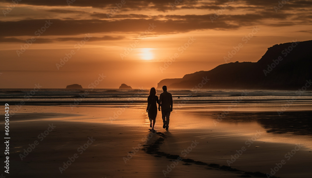 A married couple walks on the beach at sunset, bonding generated by AI