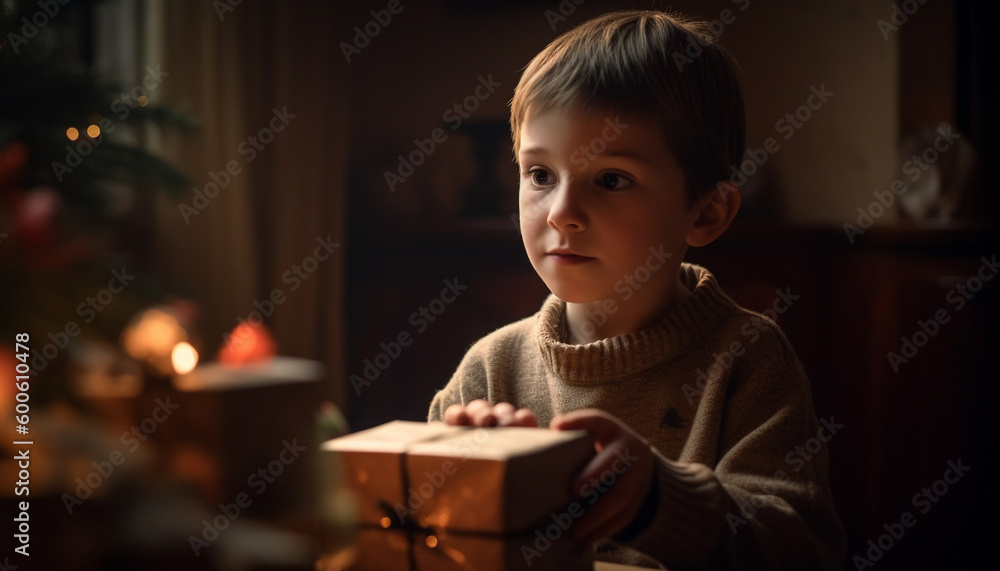 Cute Caucasian boy holding Christmas gift, smiling with happiness indoors generated by AI Cute Caucasian boy holding Christmas gift, smiling with happiness indoors generated by AI