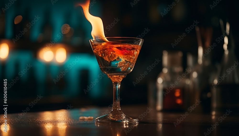 A flaming martini illuminates the dark night at the nightclub generated by AI