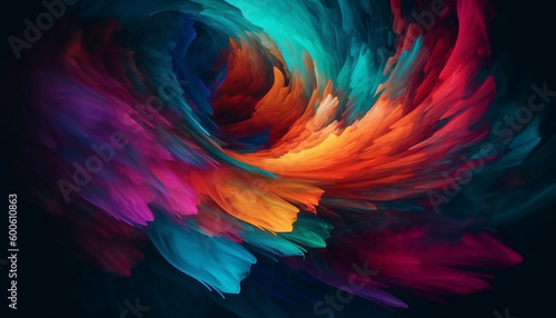 A vibrant, abstract fractal design explodes with colorful motion generated by AI