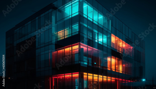 A futuristic skyscraper reflects vibrant city life at twilight generated by AI