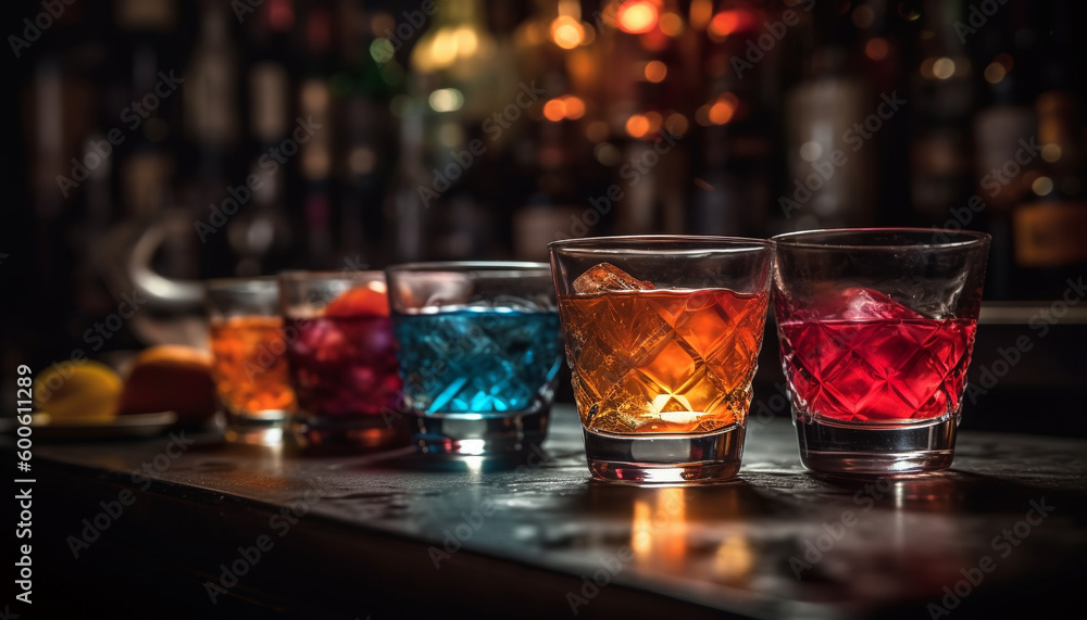 At the luxury bar, a bartender serves multi colored cocktails generated by AI At the luxury bar, a bartender serves multi colored cocktails generated by AI