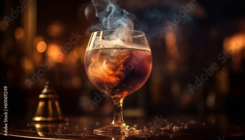 A luxurious celebration at a dark bar with whiskey flames generated by AI