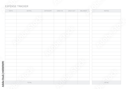 expense tracker template with a simple and minimal style. Note, scheduler, diary, calendar planner document template illustration.