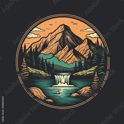 Mountain evergreen pine forest and river scene vintage badge logo vector illustration