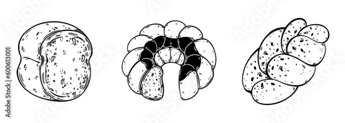 Fresh pastries vector set. Crispy tasty bread, loaf with sesame seeds, gugelhupf sponge cake. Tasty bun, baking for breakfast. Food sketch, line art isolated on white. Clipart for poster, print, menu