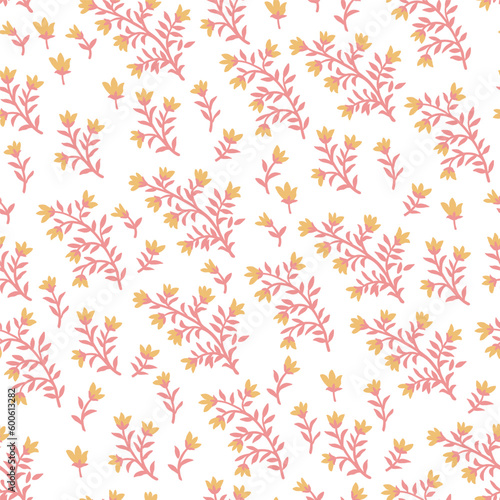 Stylish, delicate, romantic, fashionable pattern with small elements of plants on a light background. Seamless vector. A variety of yellow flowers on burgundy twigs. © Maxim