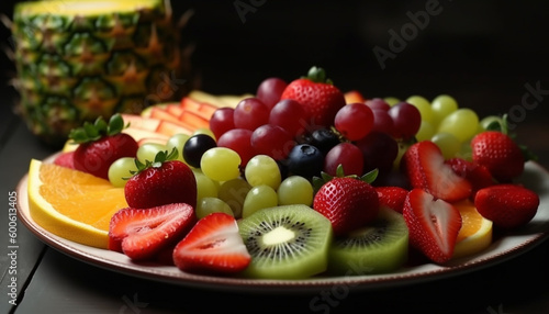 A vibrant fruit salad with ripe berries  citrus  and melon generated by AI