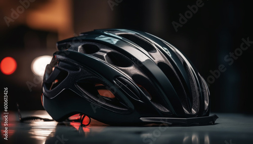 Safe cycling: shiny helmet, selective focus on foreground, reflective equipment generated by AI © djvstock