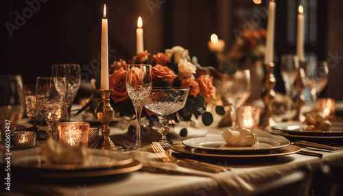 Indulgent banquet with elegant decoration, candlelight, and fine wine glasses generated by AI