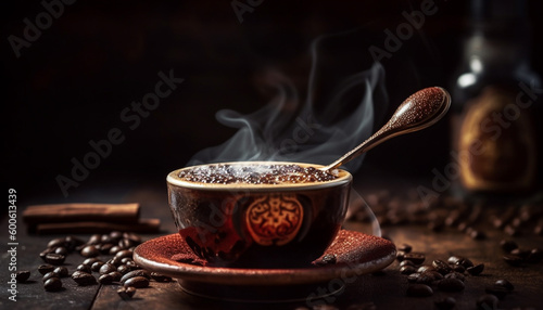 Hot coffee steams on rustic table, spoon stirs addiction generated by AI