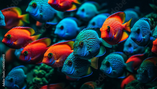 A school of multi colored fish swim in a vibrant reef generated by AI