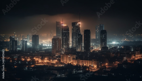 City skyline illuminated at dusk  a modern urban landscape glowing generated by AI