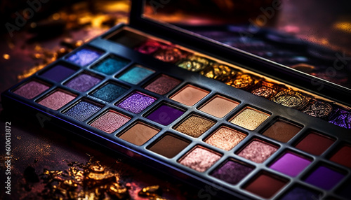 Vibrant colors of multi colored eyeshadow palette create stunning close up glamour generated by AI