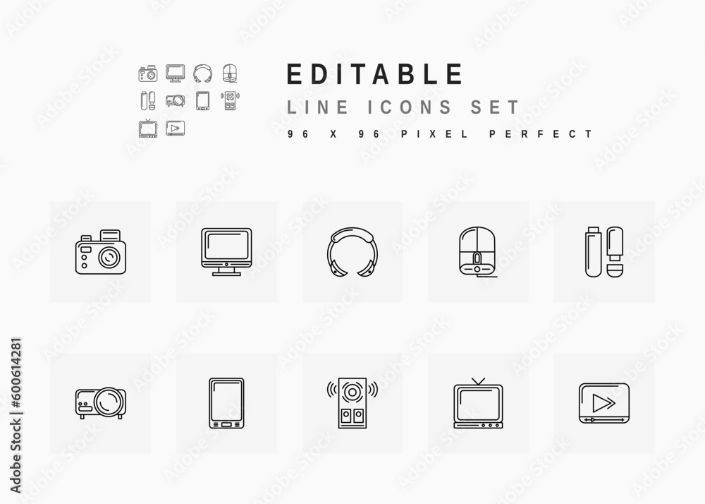 Digital Multimedia Techology Includes Camera, Computer, Headphone, USB Stick, Smartphone and Television. Line Icons Set. Editable Stroke Vector Stock. 96 x 96 Pixel Perfect. Digital Multimedia Techology Includes Camera, Computer, Headphone, USB Stick, Smartphone and Television. Line Icons Set. Editable Stroke Vector Stock. 96 x 96 Pixel Perfect.