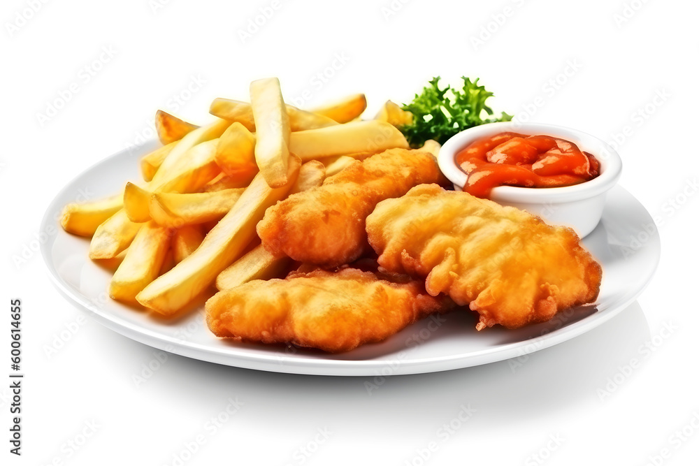 Delicious English traditional meal, Fish and Chips with tartar sauce with great food presentation isolated on white. Shallow depth of field. Created with generative AI technology Delicious English traditional meal, Fish and Chips with tartar sauce with great food presentation isolated on white. Shallow depth of field. Created with generative AI technology