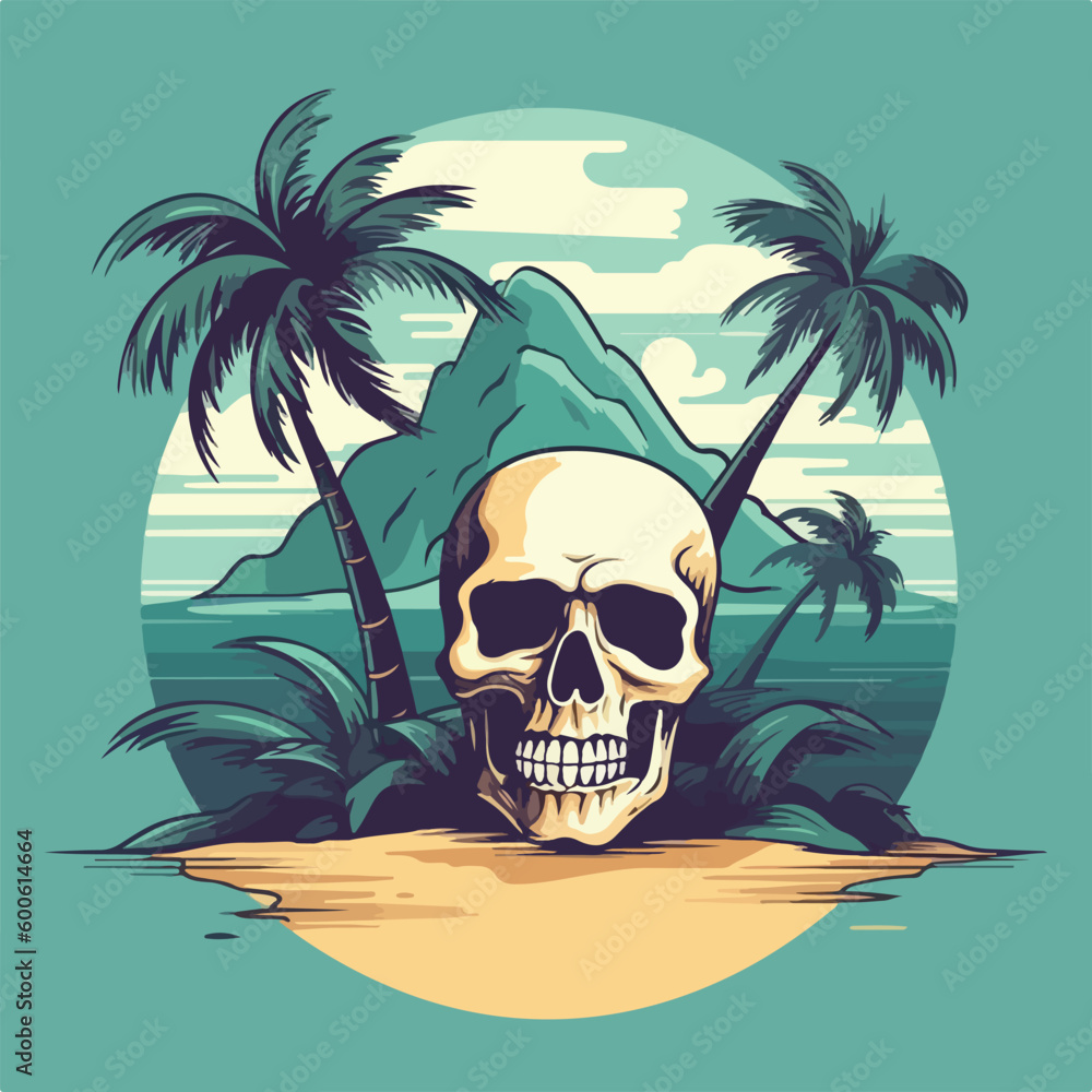 skull head in tropical beach vintage logo badge vector illustration ...
