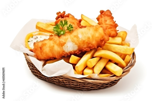 Delicious English traditional meal, Fish and Chips with tartar sauce with great food presentation isolated on white. Shallow depth of field. Created with generative AI technology