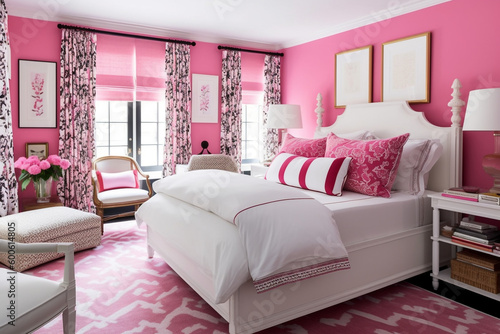 interior of a Pink and White Bedroom with Unmade Bed and Cushions    Generative AI