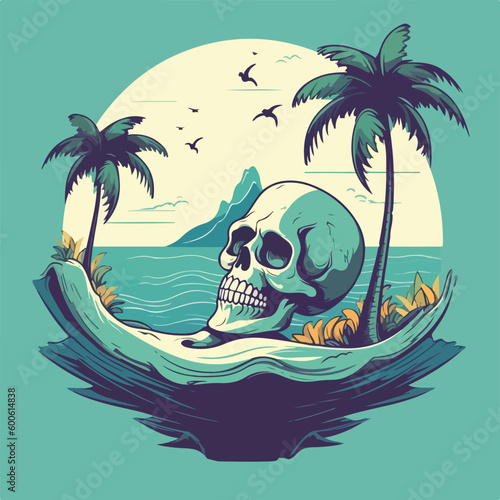 skull head in tropical beach vintage logo badge vector illustration