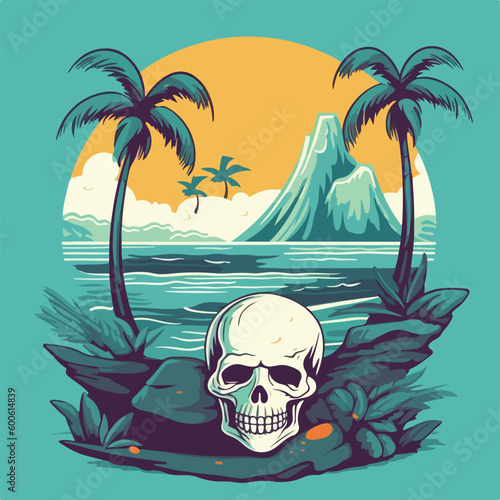 skull head in tropical beach vintage logo badge vector illustration