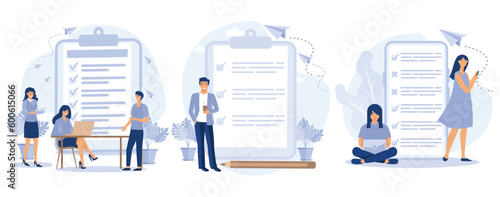 Man Sign Distance Learning Contract, e learning,  time management, checklist, business tasks. Online survey, set flat vector modern illustration