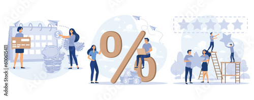 Credit Project, Woman with Credit Card, Percentage Rate Income Profit Concept, Customer Review, People Giving Five Star Positive Rating, set flat vector modern illustration