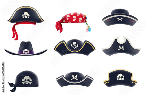 Cartoon pirate captain tricorn cocked hat and bandanas, vector icons. Pirate tricorne hats with skull and crossbones or Jolly Roger flag, video chat effects of pirate captain or sailor filibuster hats