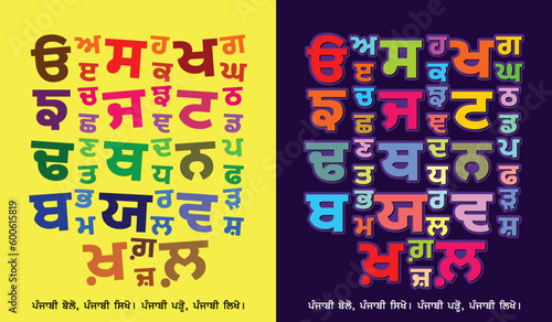 Punjabi alphabet set, Colorful vector flash card, design made from Punjabi letters, Learn Punjabi, Learn Gurmukhi, Letter Recognizing practice, Kaida, Gurmukhi Printable Poster for Kids.